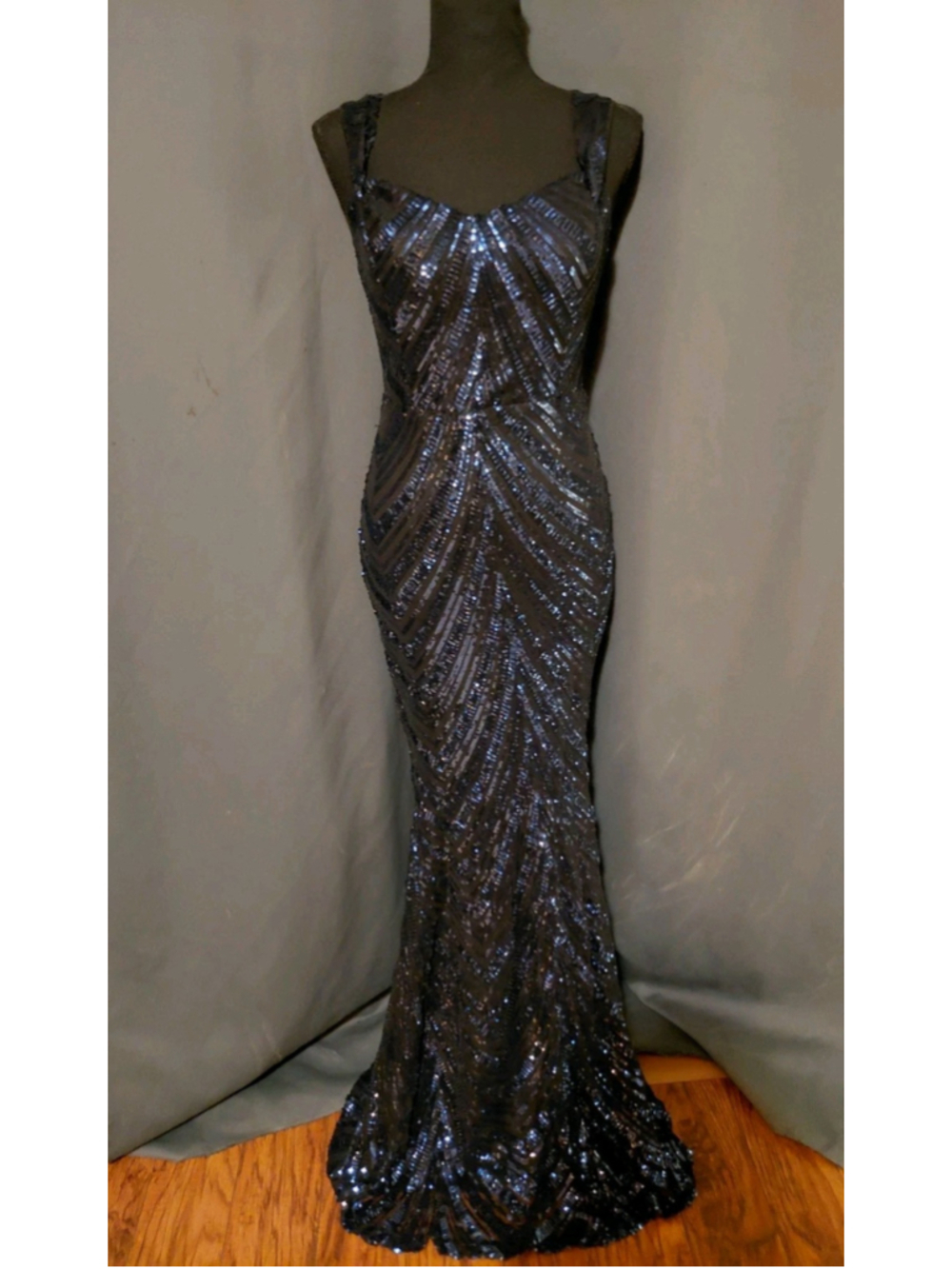 Windsor Blue Black Sequins Mermaid Geometric Lace Up Open Back Prom Dress Gown L - Picture 11 of 11
